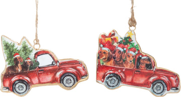 Faire: Silver Tree Home & Holiday Holiday Ornaments Doxie's in Pick-up Truck with Tree - Metal Ornaments